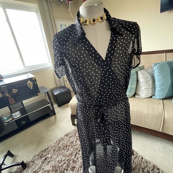 JBS Dress Woman's Size 20W Black White Polka Dot Sheer Faux Wrap with Belt Work - Picture 12 of 13